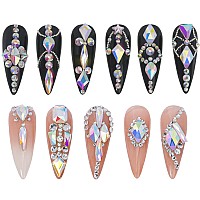 Hnuix Nail Rhinestones 2920Pcs 3D Multi Shape Size Crystal Blue Moonlight Nail Gems Flat Back With Kit For Nail Art Diy D