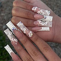 24Pcs Extra Long Press On Nails Fake Nails Wafoloze Nails Press Ons Flowers And Snake Patterns False Nails With Rhinestones Des