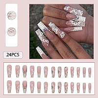 24Pcs Extra Long Press On Nails Fake Nails Wafoloze Nails Press Ons Flowers And Snake Patterns False Nails With Rhinestones Des