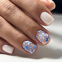 Wafoloze Nails Press Ons White Short Square Press On Nails Fakefalse Nails With Blue Flower Designs Glossy Acrylic Artificial N