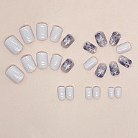 Wafoloze Nails Press Ons White Short Square Press On Nails Fakefalse Nails With Blue Flower Designs Glossy Acrylic Artificial N