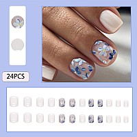 Wafoloze Nails Press Ons White Short Square Press On Nails Fakefalse Nails With Blue Flower Designs Glossy Acrylic Artificial N