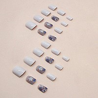 Wafoloze Nails Press Ons White Short Square Press On Nails Fakefalse Nails With Blue Flower Designs Glossy Acrylic Artificial N