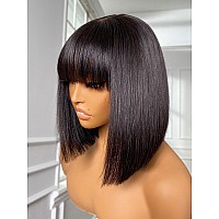 Luvme Hair 10 Inch Silky Straight Bob Wig With Bangs Human Hair Realistic Hd Lace Short Black Bob Wigs Ready To Go Blunt Cut Bo