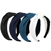 Yission 4Pcs Knotted Headbands For Women Girls Non Slip Wide Top Knot Headbands With Hair Accessories In White Blue Black