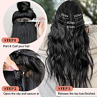 Alxnan Clip In Long Wavy Synthetic Hair Extension 16 Inch Black 4Pcs Thick Hairpieces Fiber Double Weft Hair For Women