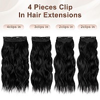 Alxnan Clip In Long Wavy Synthetic Hair Extension 16 Inch Black 4Pcs Thick Hairpieces Fiber Double Weft Hair For Women