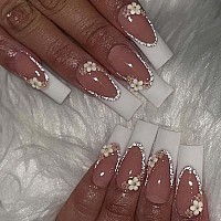 Foccna White Press On Nails Long 3D Flower Fake Nails Square Bling Glossy Rhinestone False Nail Tips Artificial Nails Finger Man