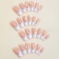 Foccna White Press On Nails Long 3D Flower Fake Nails Square Bling Glossy Rhinestone False Nail Tips Artificial Nails Finger Man