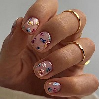 24Pcs Spring Nude Pink Press On Nails Short Square Shanrun Fake Nails Press Ons With Flowers Design False Nails Full Cover Acr