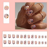 24Pcs Spring Nude Pink Press On Nails Short Square Shanrun Fake Nails Press Ons With Flowers Design False Nails Full Cover Acr