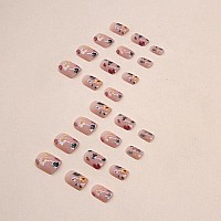 24Pcs Spring Nude Pink Press On Nails Short Square Shanrun Fake Nails Press Ons With Flowers Design False Nails Full Cover Acr