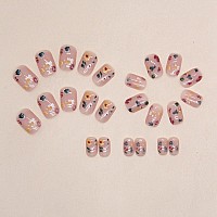 24Pcs Spring Nude Pink Press On Nails Short Square Shanrun Fake Nails Press Ons With Flowers Design False Nails Full Cover Acr