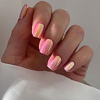 Chrome Pink Square Press On Nails Short Kqueenest Mirror Metal Plating False Acrylic Nails Press Ons Natural Fit Glue On Nails S