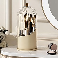 Yoolens Makeup Brush Holder Organizer With Lid,360 Rotating Clear Dustproof Makeup Brushes Organizer For Vanity Desktop Bathroom Countertop, White Beige