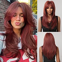 Allbell Long Straight Red Wig With Curtain Bangs Layered Burgundy Wig For Women Natural Looking Heat Resistant Synthetic Wig For