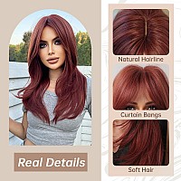 Allbell Long Straight Red Wig With Curtain Bangs Layered Burgundy Wig For Women Natural Looking Heat Resistant Synthetic Wig For