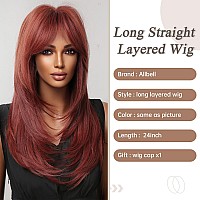 Allbell Long Straight Red Wig With Curtain Bangs Layered Burgundy Wig For Women Natural Looking Heat Resistant Synthetic Wig For