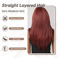 Allbell Long Straight Red Wig With Curtain Bangs Layered Burgundy Wig For Women Natural Looking Heat Resistant Synthetic Wig For