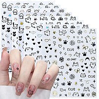 8 Sheets Cartoon Cute Cat Nail Stickers 3D Nail Decals Graffiti Love Heart Gold Bronzing Star Laser Design Glitter Gold Silver B