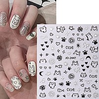 8 Sheets Cartoon Cute Cat Nail Stickers 3D Nail Decals Graffiti Love Heart Gold Bronzing Star Laser Design Glitter Gold Silver B