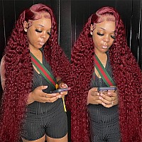 Beautygrace Red Deep Wave Lace Front Wigs Human Hair 180 Density 13X4 99J Burgundy Human Hair Lace Front Wigs For Fashion Black