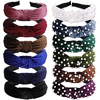 Velscrun Pearl Headband 12 Pcs Knotted Headbands For Women Hair Bands With Beaded Non Slip Wide Top Knot Velvet Hair Bands