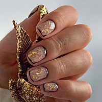 Short Press On Nails Black Edge Square Fake Nails Gold Foil Acrylic Nails Shiny Glossy Nude Gel False Nails Kits Salon Quality