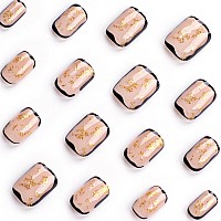 Short Press On Nails Black Edge Square Fake Nails Gold Foil Acrylic Nails Shiny Glossy Nude Gel False Nails Kits Salon Quality