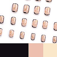 Short Press On Nails Black Edge Square Fake Nails Gold Foil Acrylic Nails Shiny Glossy Nude Gel False Nails Kits Salon Quality