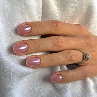 Short Press On Nails Chrome Pink Square Fake Nails Chrome Powder Glazed Acrylic Nails Shiny Glossy Gel False Nails Kits Salon