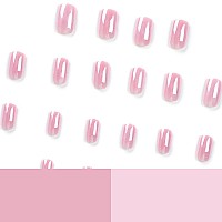 Short Press On Nails Chrome Pink Square Fake Nails Chrome Powder Glazed Acrylic Nails Shiny Glossy Gel False Nails Kits Salon