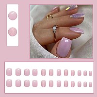 Short Press On Nails Purple Square Fake Nails Purple Glitter Acrylic Nails Shiny Glossy Gel False Nails Kits Salon Quality Sti