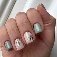 Short Press On Nails Green Leaf Square Fake Nails Fall Green Nude White Acrylic Nails Shiny Glossy Gel False Nails Kits Salon