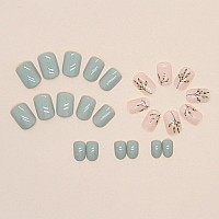 Short Press On Nails Green Leaf Square Fake Nails Fall Green Nude White Acrylic Nails Shiny Glossy Gel False Nails Kits Salon