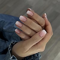 Short Press On Nails White Gradient Square Fake Nails Nude Pink Gel Acrylic Nails Shiny Glossy False Nails Kits Salon Quality