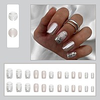 Press On Nails Medium Square Chrome Silver Fake Nails Shiny Silver Glitter Glossy Acrylic Nails Kits Salon Quality False Nails