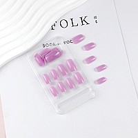 Press On Nails Medium Square Fake Nails Purple Semitransparent Gel Acrylic Nails Kits Salon Quality False Nails Glue Full Cove