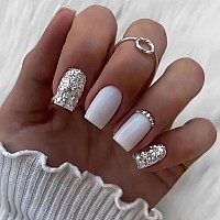 Press On Nails Medium Square White Fake Nails Silver Glitter With Rhinestones Acrylic Nails Kits Salon Quality Glossy False Na