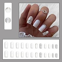 Press On Nails Medium Square White Fake Nails Silver Glitter With Rhinestones Acrylic Nails Kits Salon Quality Glossy False Na