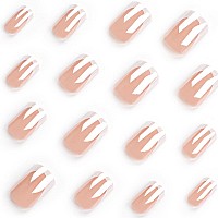 White French Press On Nails Medium Square Fake Nails Shiny Pearl Effect Acrylic Nails Kits Salon Quality Nude Glossy False Nai