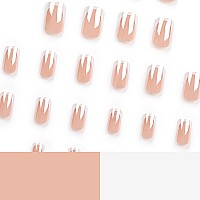 White French Press On Nails Medium Square Fake Nails Shiny Pearl Effect Acrylic Nails Kits Salon Quality Nude Glossy False Nai