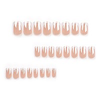 White French Press On Nails Medium Square Fake Nails Shiny Pearl Effect Acrylic Nails Kits Salon Quality Nude Glossy False Nai