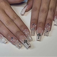 Mervf Coffin Press On Nails Long Fake Nails White French Tip Ballerina Glue On Nails With Goth Design Artificial Pearl Cross Acr