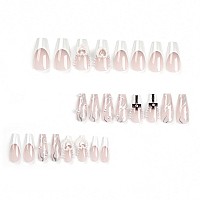 Mervf Coffin Press On Nails Long Fake Nails White French Tip Ballerina Glue On Nails With Goth Design Artificial Pearl Cross Acr