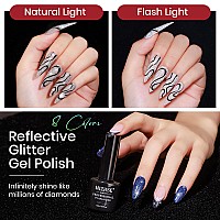 Mizhse Reflective Glitter Gel Polish 8 Colors Red Silver Reflective Gel Polish Holographic Christmas Shiny U V Led Soak Off Spa