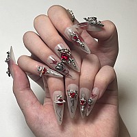 Babalal Stiletto Press On Nails Long Fake Nails Sliver Glue On Nails 3D Red Planet Heart Y2K Acrylic Nails 24Pcs Almond Goth Man