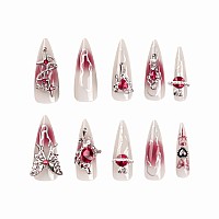 Babalal Stiletto Press On Nails Long Fake Nails Sliver Glue On Nails 3D Red Planet Heart Y2K Acrylic Nails 24Pcs Almond Goth Man