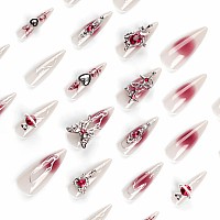 Babalal Stiletto Press On Nails Long Fake Nails Sliver Glue On Nails 3D Red Planet Heart Y2K Acrylic Nails 24Pcs Almond Goth Man