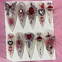 Babalal Stiletto Press On Nails Long Fake Nails Sliver Glue On Nails 3D Red Planet Heart Y2K Acrylic Nails 24Pcs Almond Goth Man